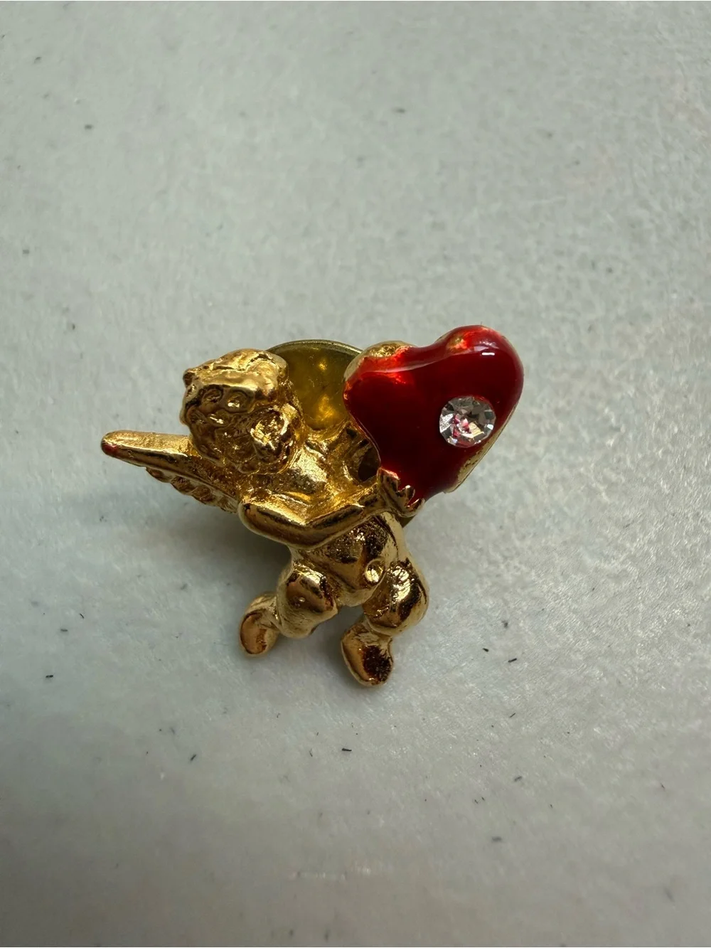Vintage Gold Cupid Angel Lapel Pin with Red Heart Accent